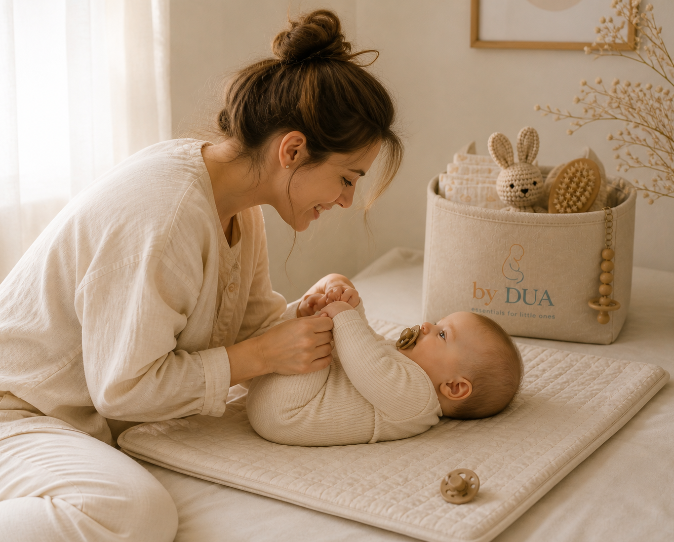 Glückliches Babys mit Babyartikeln von by DUA. Mama mit Baby.
