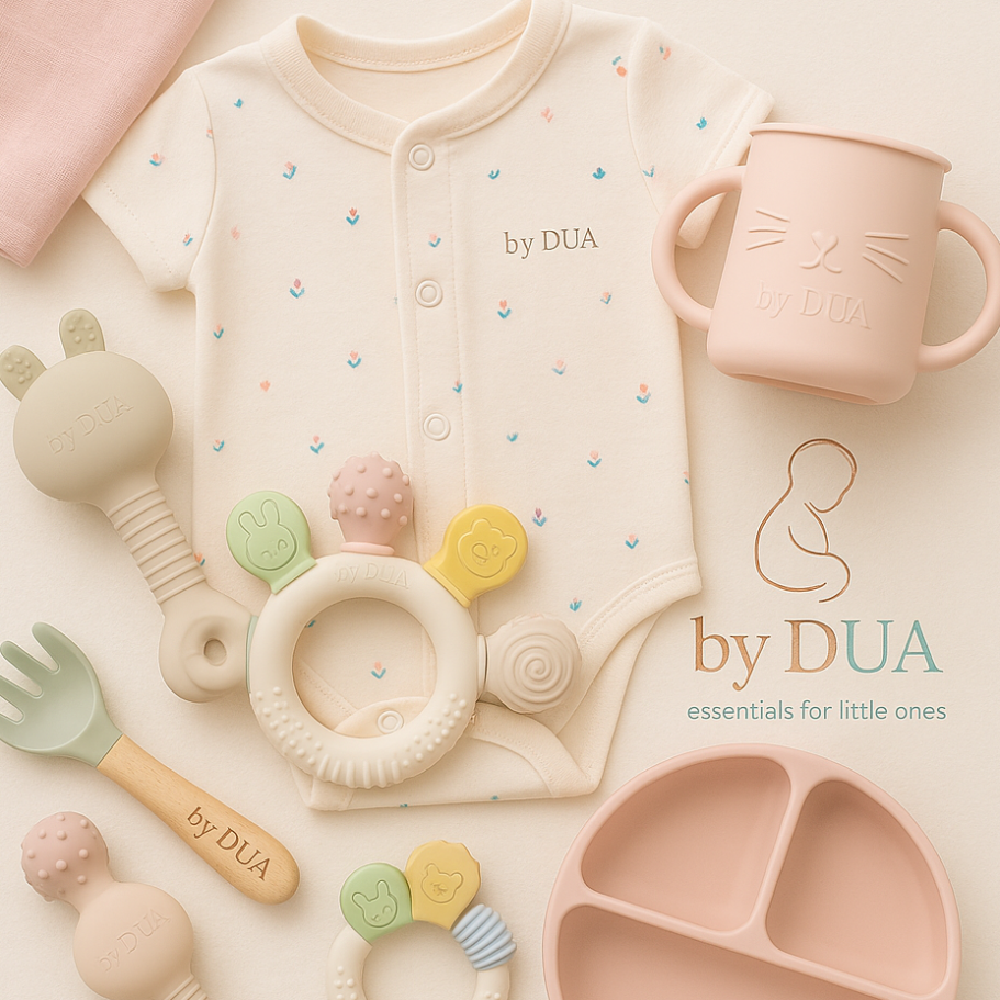 Bunte Babyartikel: Bodysuit, Geschirr, Greifspielzeug und Löffel. by DUA Babybedarf