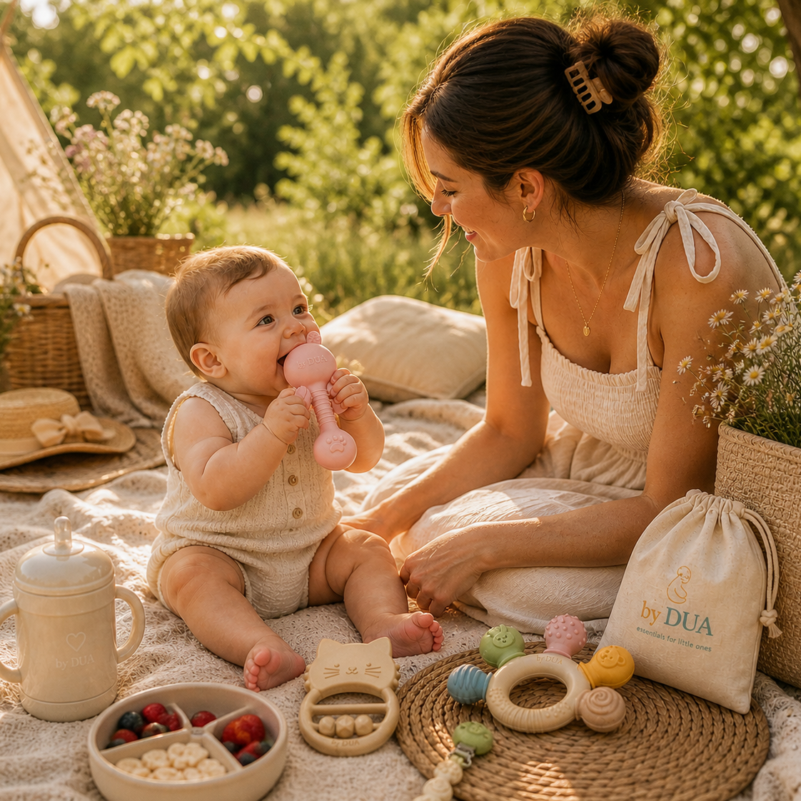Mama mit Baby und Silikon-Beißring von by DUA Babyartikel und Babyprodukte, Silikon Artikel für Babys