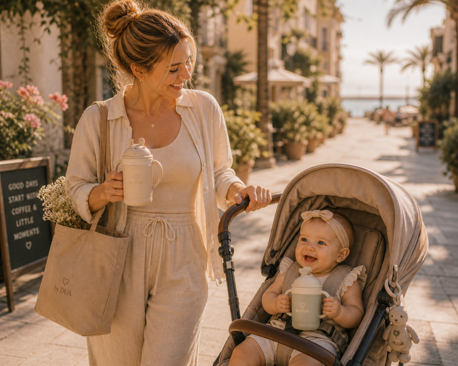 Bunte Babyartikel: Bodysuit, Geschirr, Greifspielzeug und Löffel. by DUA Babybedarf