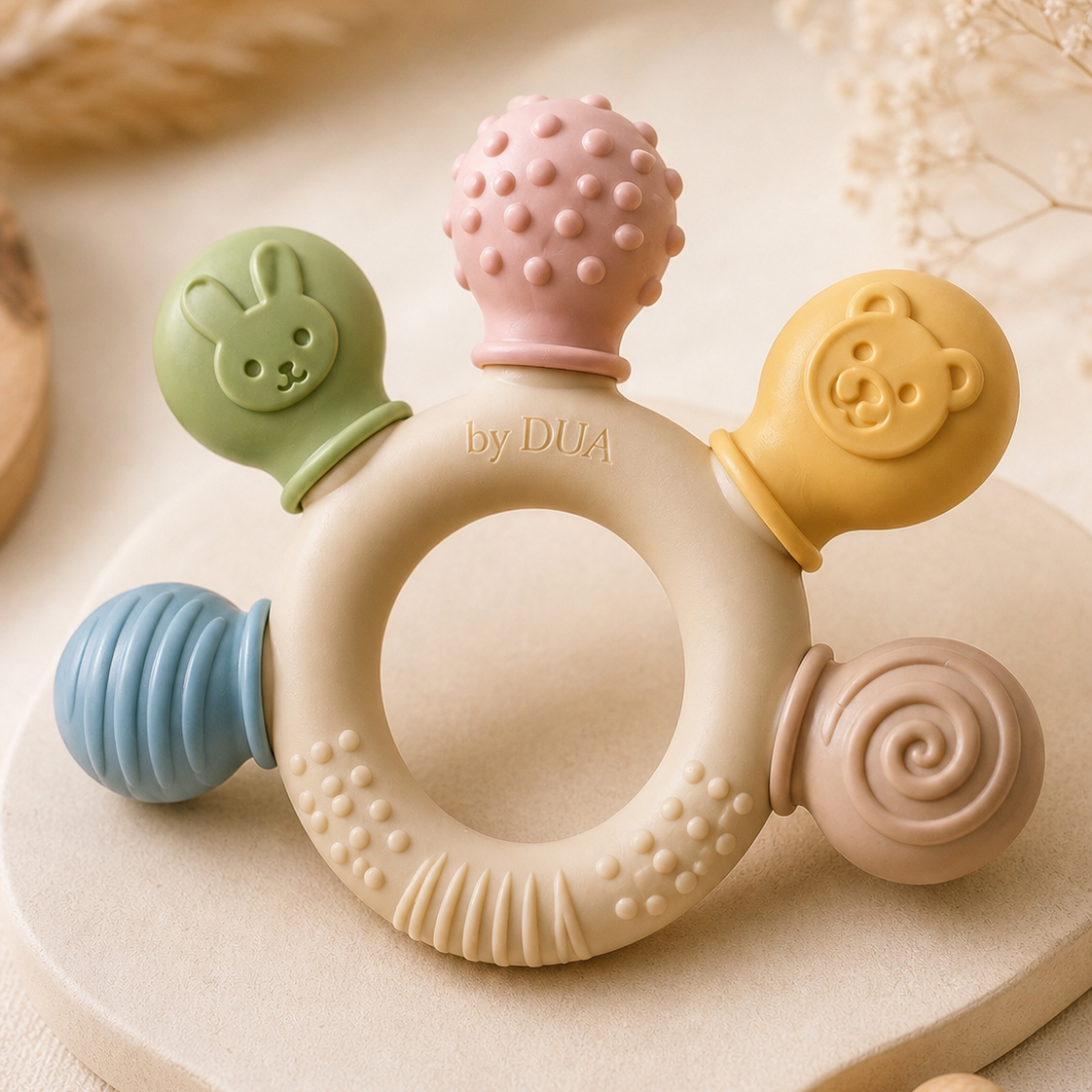 Hand hält einen runden, rosa Silikon Beißring und ein Spielzeug mit Hasenohren. Marke by DUA. Baby Beißring
