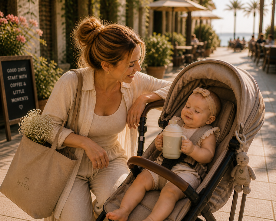 Lächelndes Baby, das mit einem plüschigen Hasen spielt. by DUA Babyartikel 